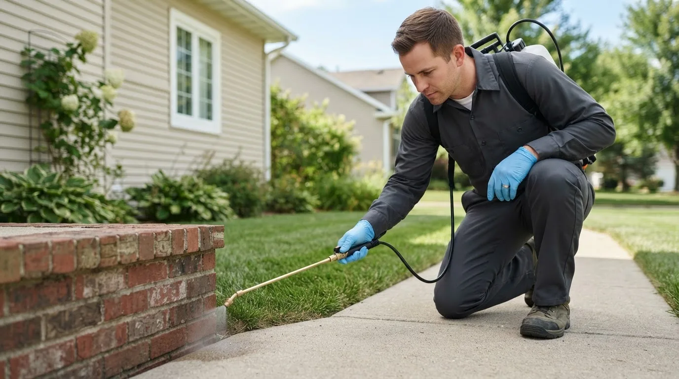 Pest control technician treating a home near De Valls Bluff, AR